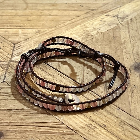 Handmade Natural Multi-Color tourmaline Bead triple Wrap brown leather Bracelet - Picture 2 of 3